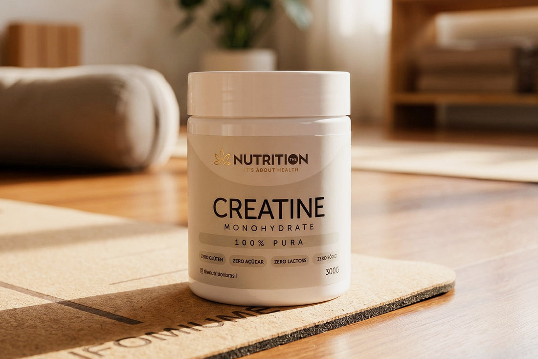 Pote de creatina monohidratada da The Nutrition sobre um colchonete em ambiente de treino iluminado.